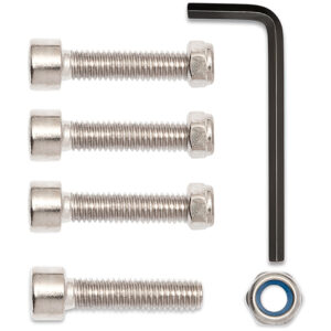 Stainless steel arm clamp bolt replacement kit for Rock Tamers mudflap system, includes bolts and hex key.