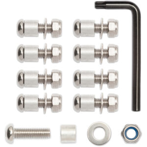 Stainless steel trim plate bolt replacement kit for Rock Tamers mudflap systems, includes hardware and hex key.