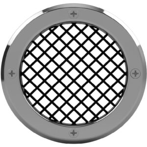 Front view of the Rock Tamers exhaust outlet with a polished stainless steel ring and protective black mesh screen.