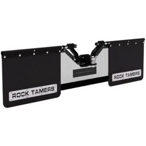 Angled view of Rock Tamers mudflap system with integrated rock screen protection.