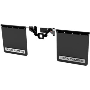 Rock Tamers wall storage hanger in use, securely holding a mudflap system on a vertical surface, maximizing storage space.