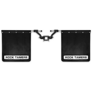 Front view of the Rock Tamers mudflap system showcasing its full coverage and durable design.