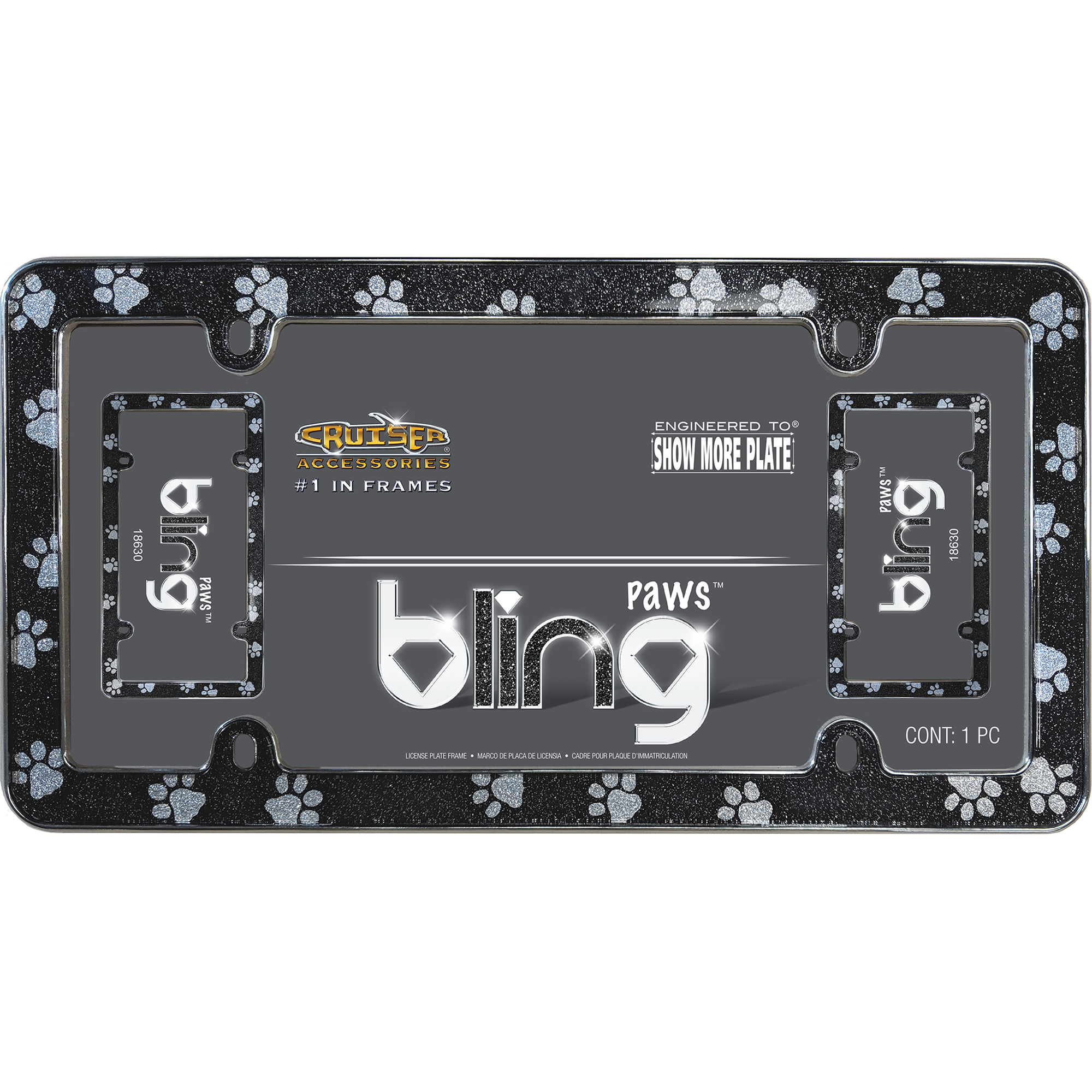 Paws Bling License Plate Frame, Black/Chrome