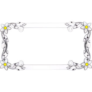 Cruiser Accessories Daisy license plate frame in chrome with white and yellow flower, front view