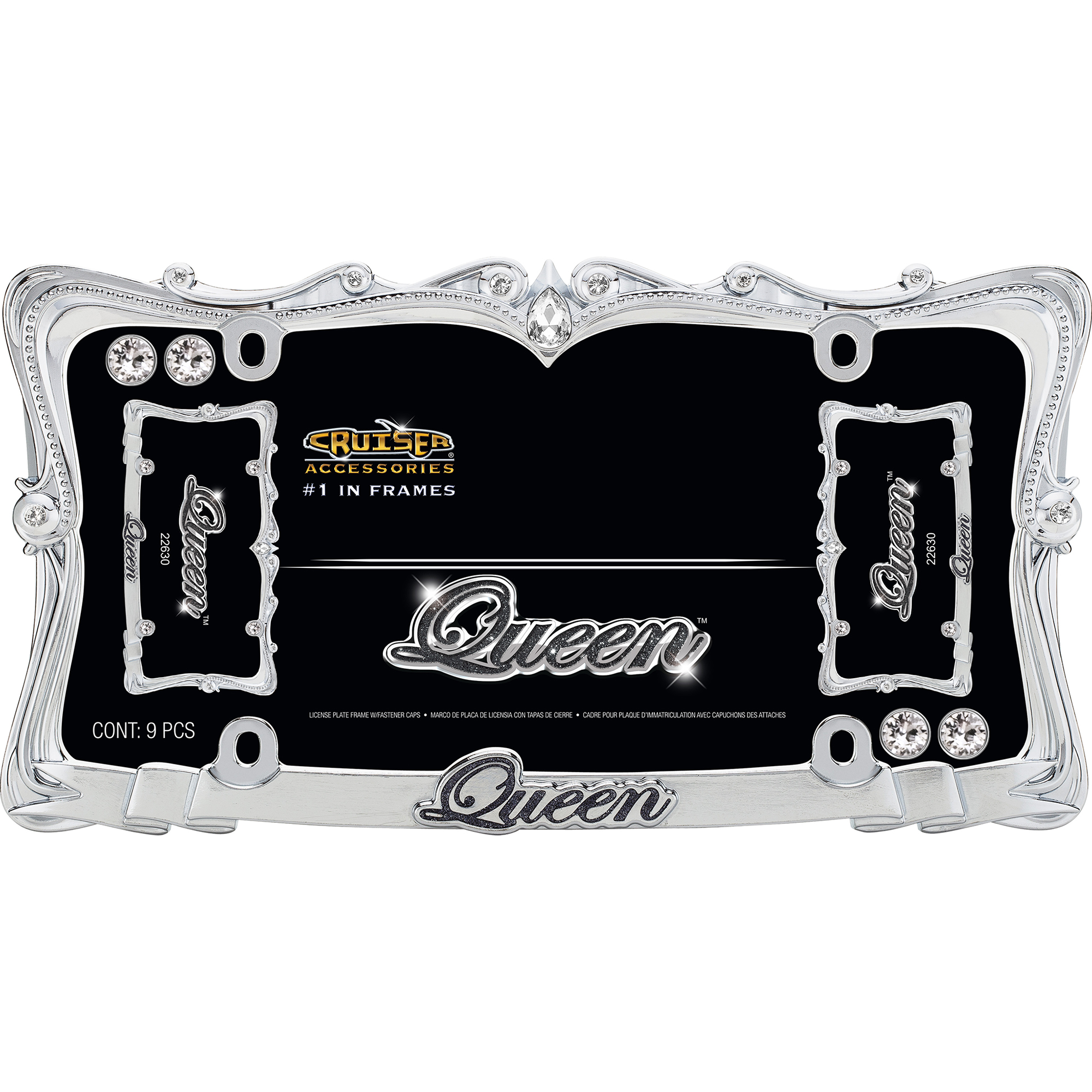 Queen License Plate Frame, Chrome/Clear (with fastener caps)