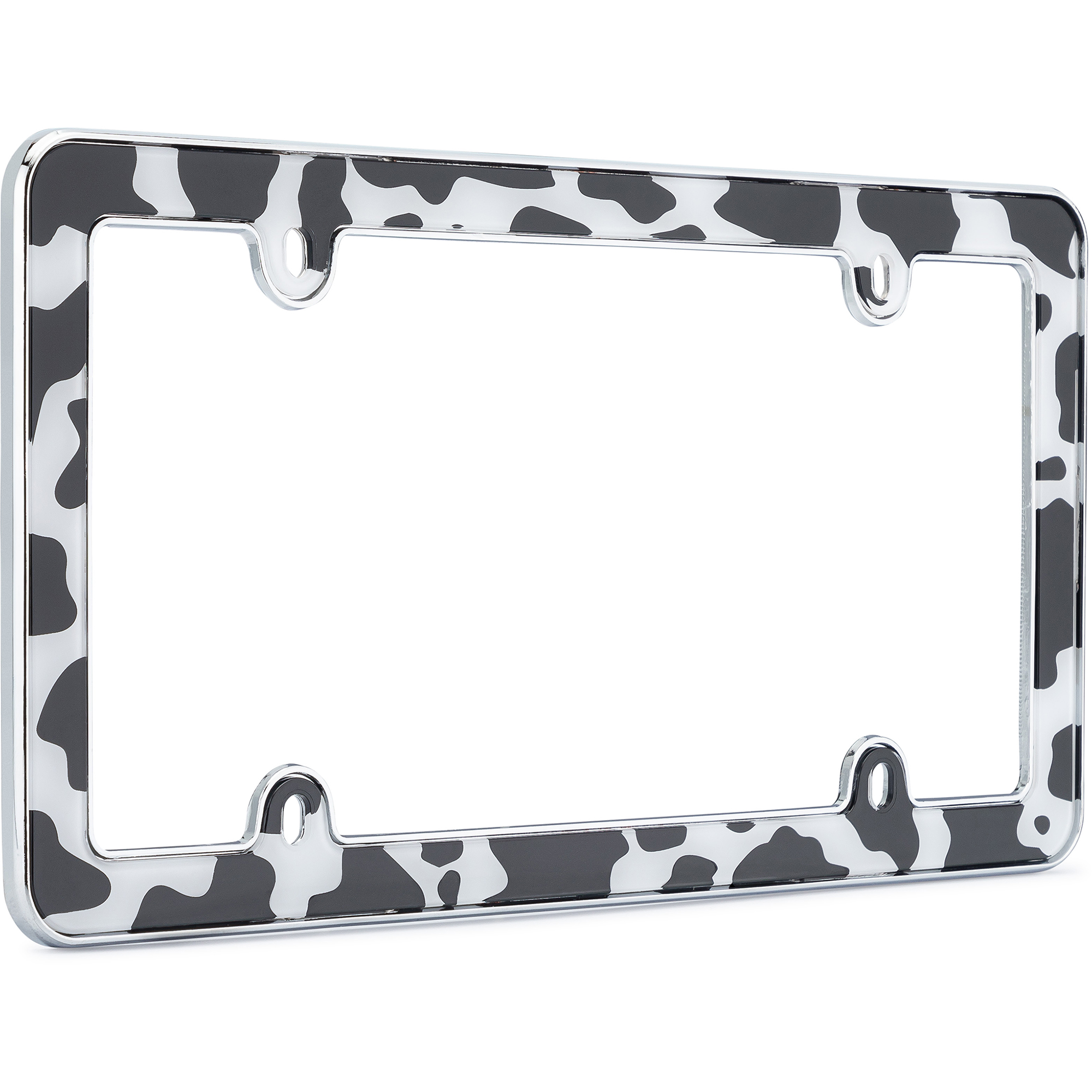 Cow Print License Plate Frame, Black/White/Chrome