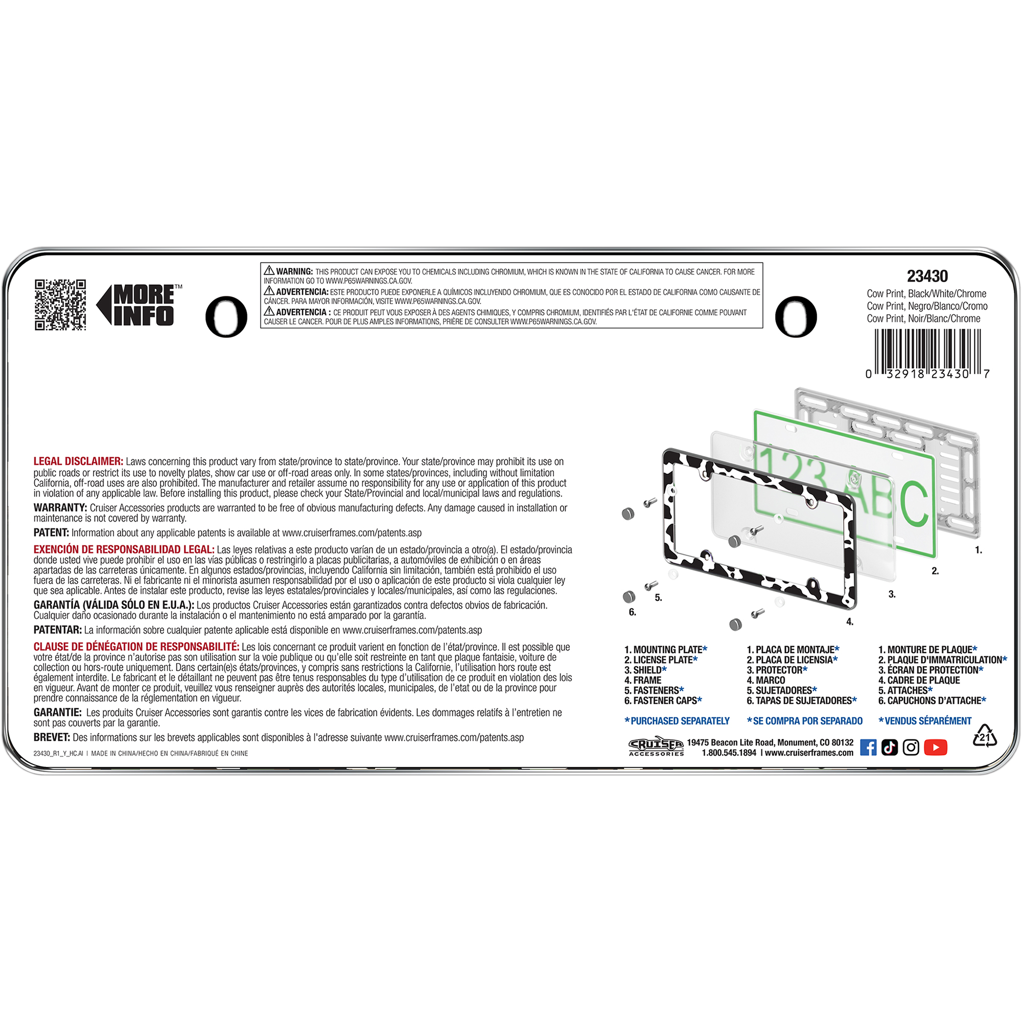 Cow Print License Plate Frame, Black/White/Chrome