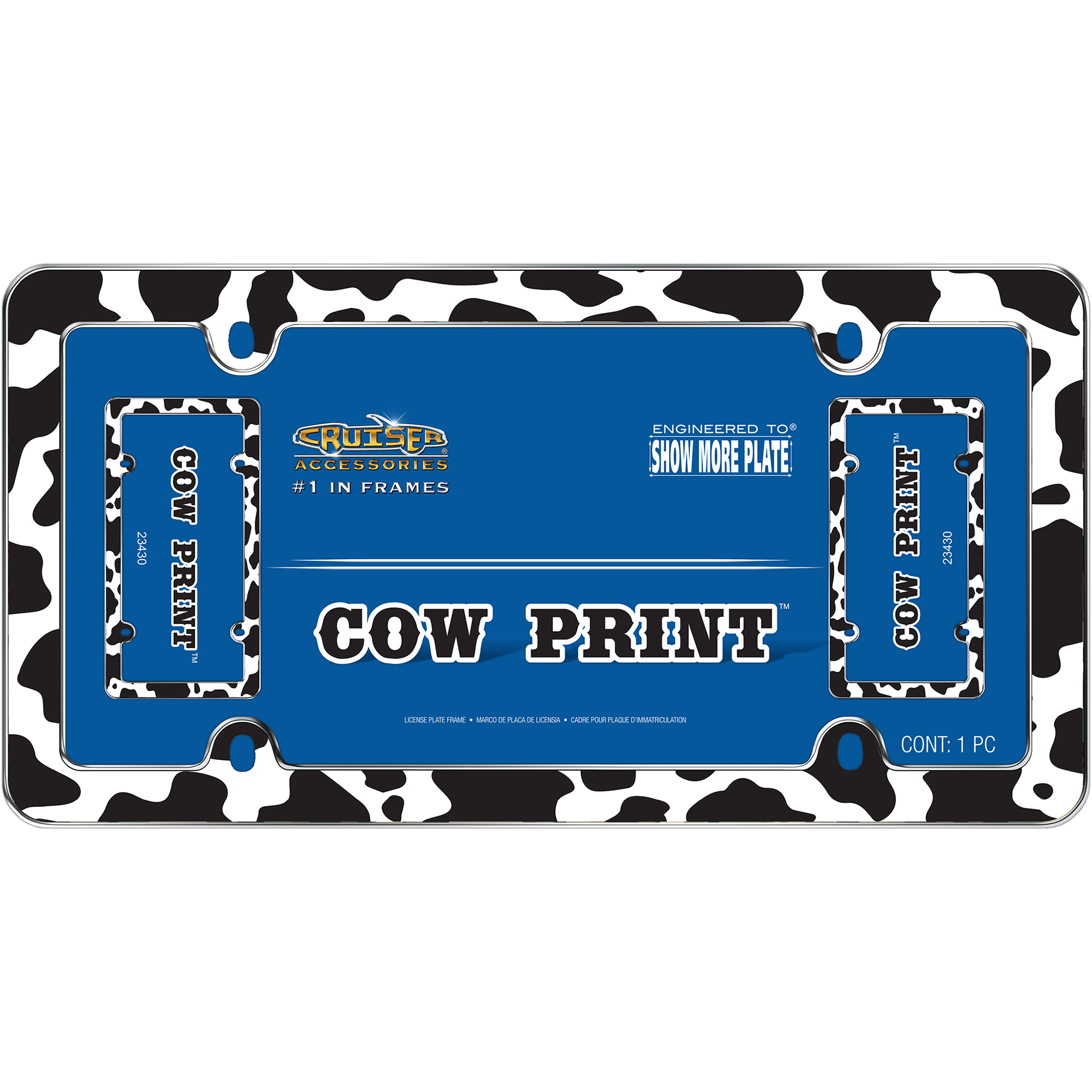 Cow Print License Plate Frame, Black/White/Chrome