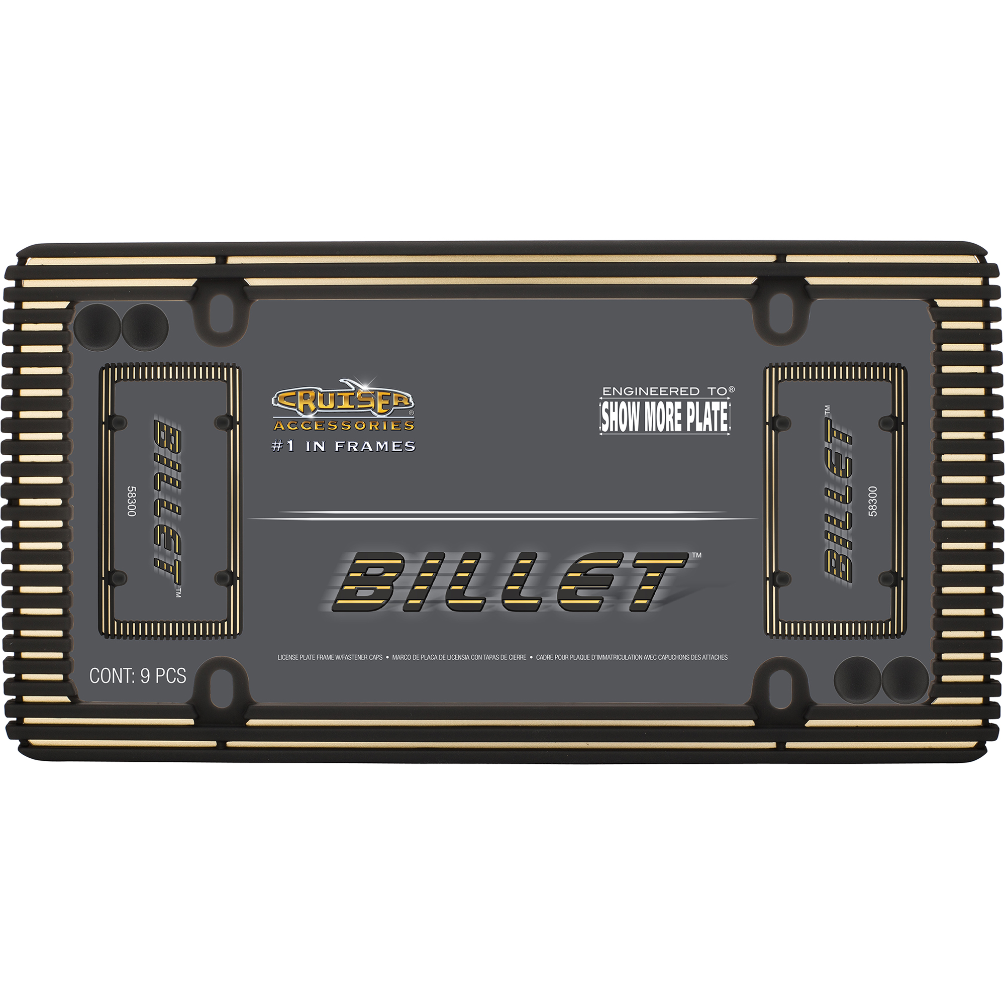 Billet License Plate Frame, Black/Gold (with fastener caps)