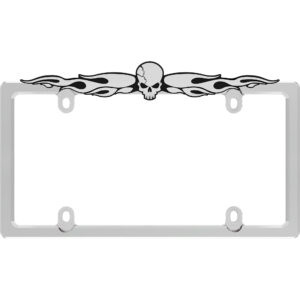 Cruiser Accessories Skull license plate frame in chrome and black emblem top view, front view