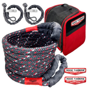 Rock Tamers Recovery Rope Kit with 30-ft reflective rope, soft shackles, and storage bag for off-road recovery.