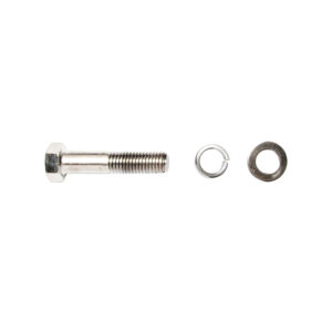 Stainless steel arm pivot bolt replacement kit for Rock Tamers mudflap system, including bolts, washers, and nuts spread out view.