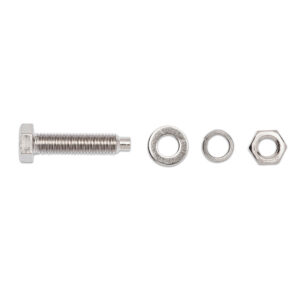 Stainless steel ball mount clamp bolt replacement kit for Rock Tamers mudflap system, includes bolts and washers spread out view.