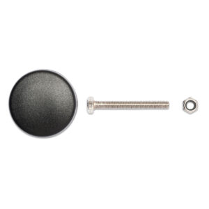 Rock Tamers mudflap system rod end cap replacement kit, featuring durable caps, bolt, and nut spread out view.