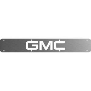 Front view of Rock Tamers GMC stainless steel mudflap trim plate.