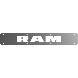 Close-up view of the RAM-branded Rock Tamers trim plate for mudflaps.