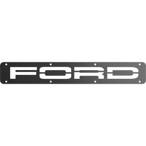 Front view of the Ford Rock Tamers mudflap trim plate, showcasing the high-quality stainless steel finish and Ford logo.