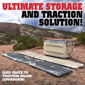 Rock Tamers Traction Crate easily converts from fully assembled crate to two, fully extended, traction panels.