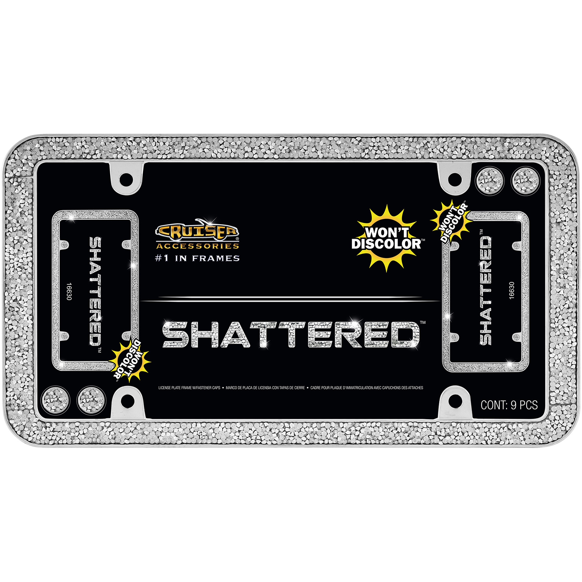 Shattered License Plate Frame, Chrome/Clear (with fastener caps)