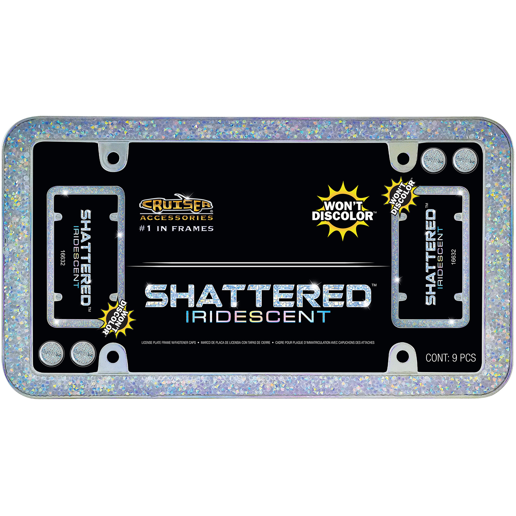 Shattered License Plate Frame, Chrome/Iridescent (with fastener caps)