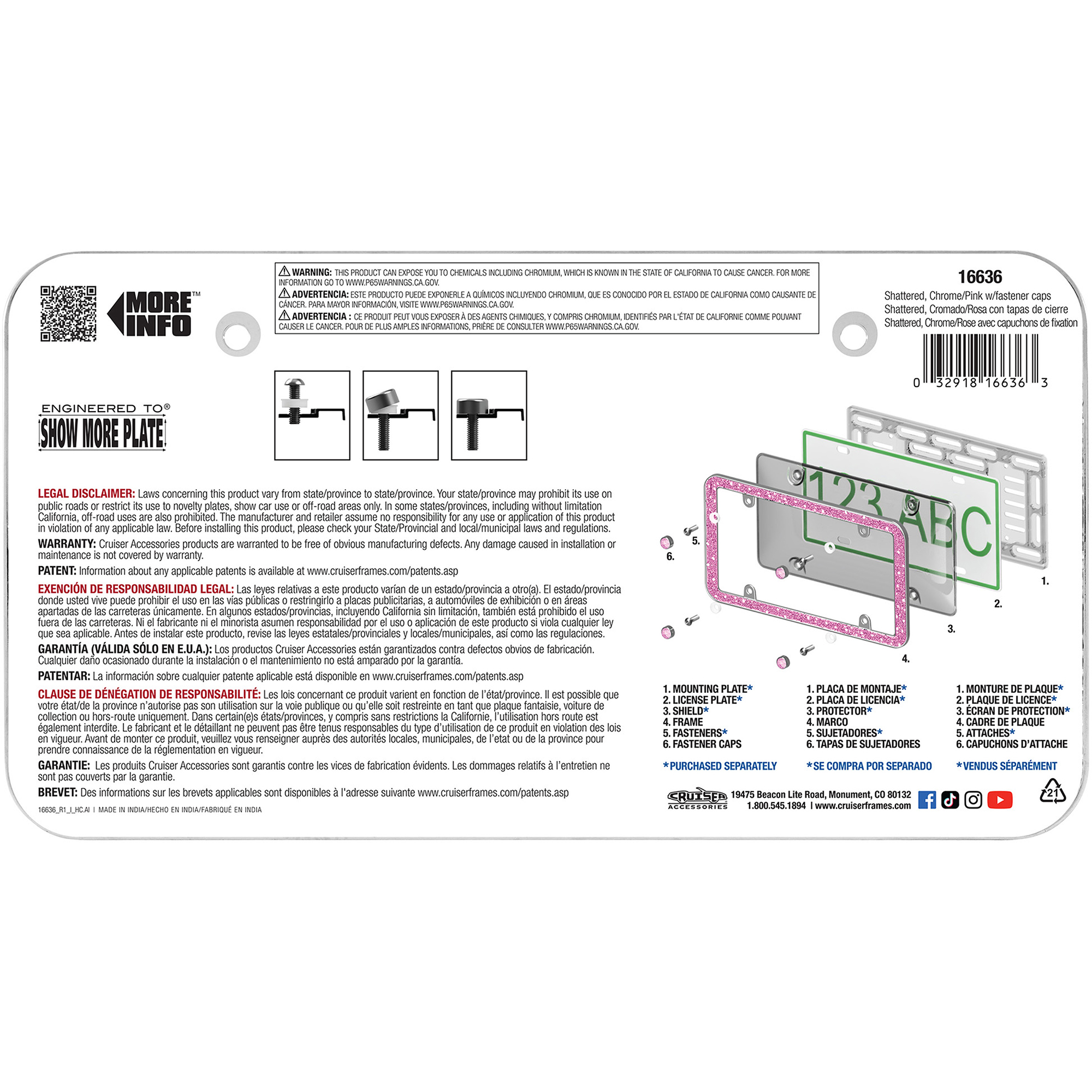 Shattered License Plate Frame, Chrome/Pink (with fastener caps)