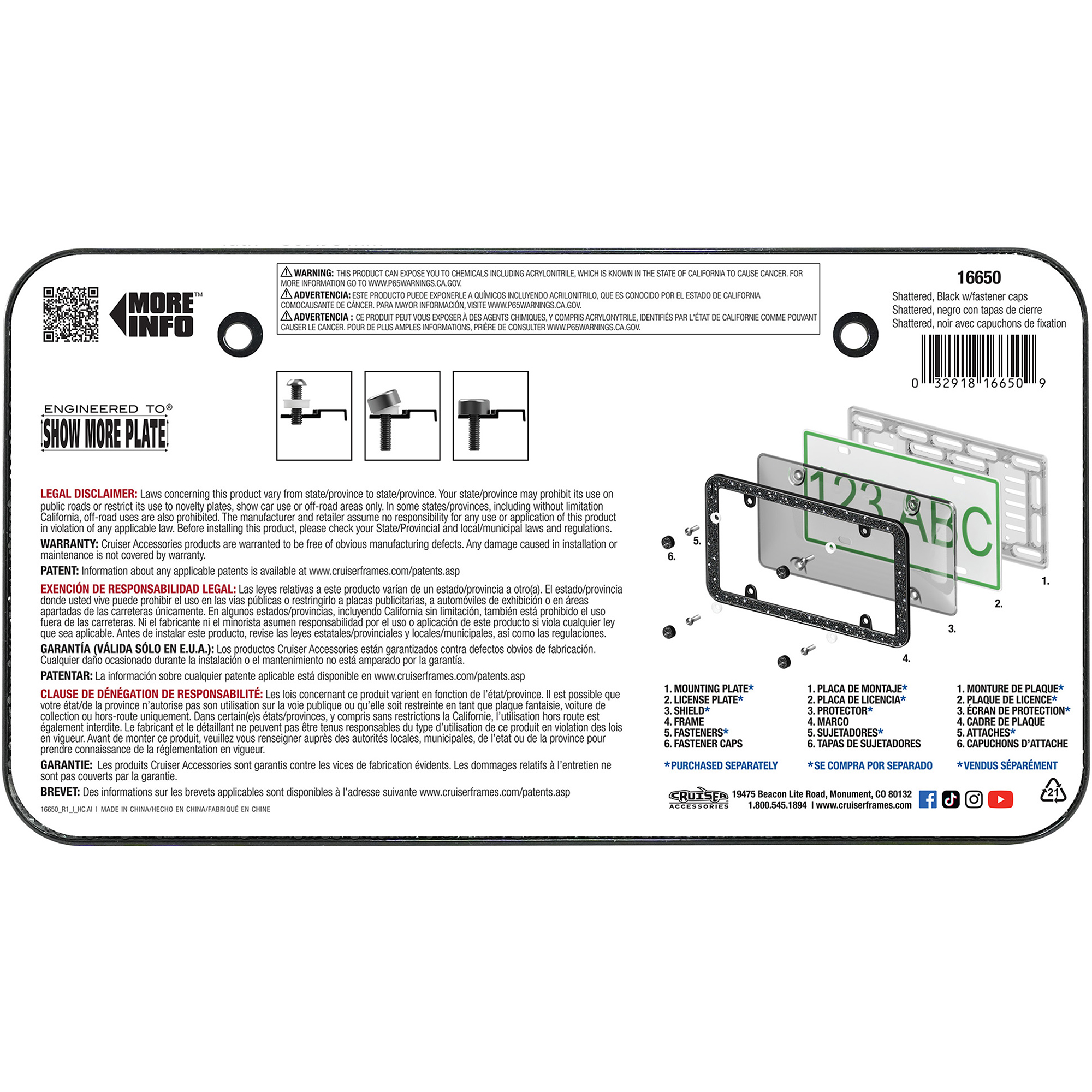 Shattered License Plate Frame, Black (with fastener caps)