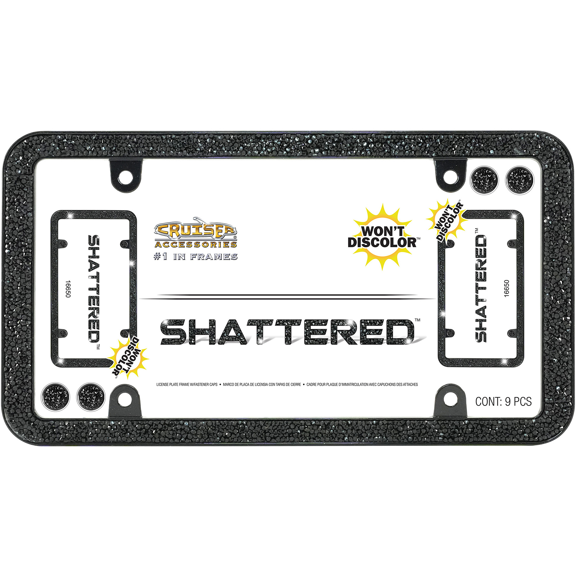 Shattered License Plate Frame, Black (with fastener caps)