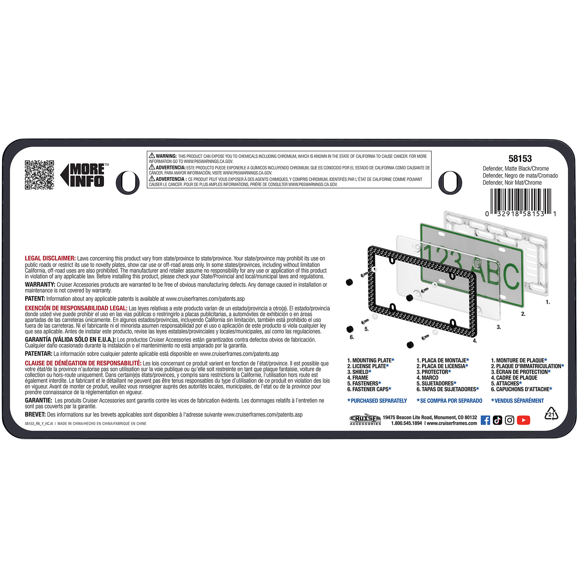 Defender License Plate Frame, Matte Black/Chrome