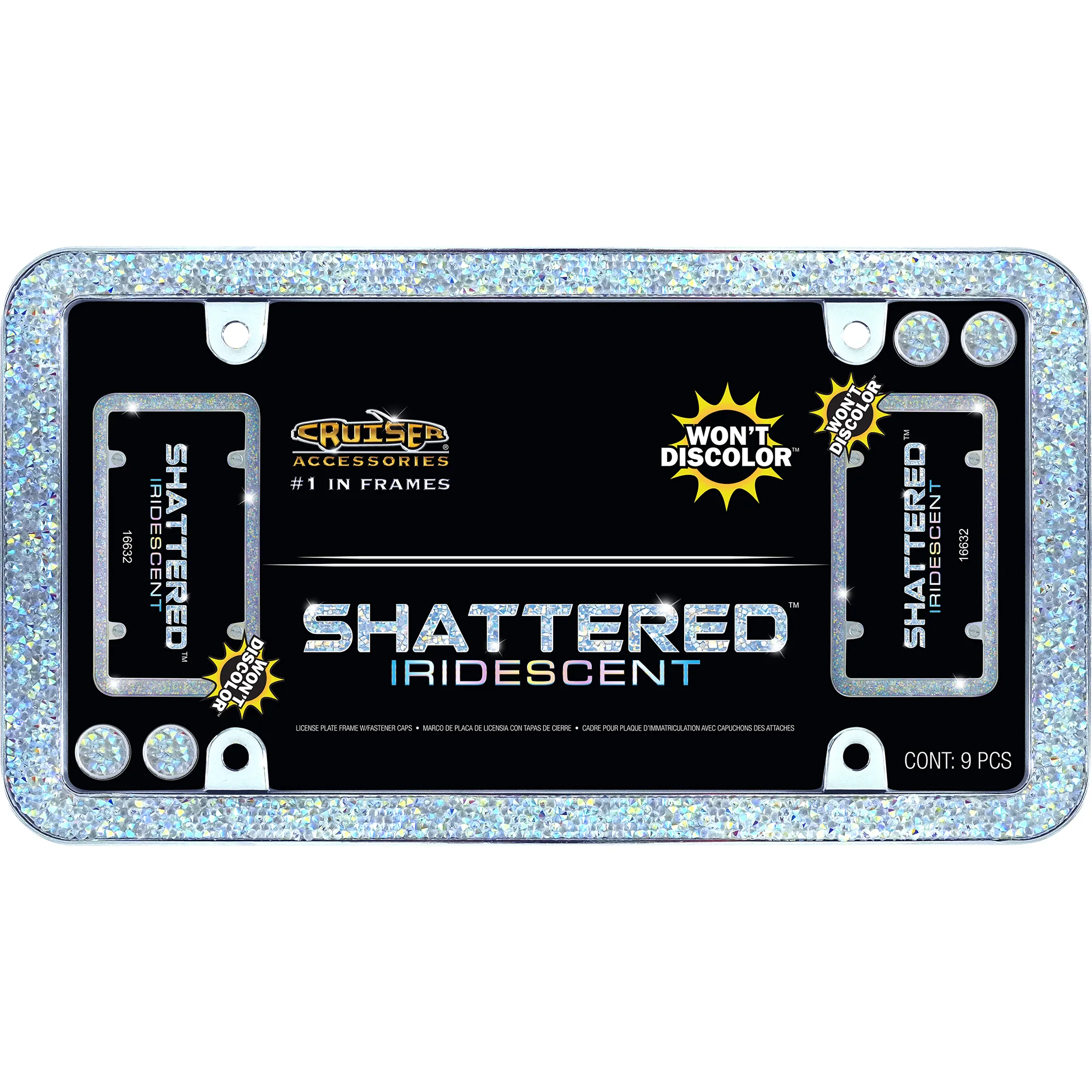 Shattered License Plate Frame, Chrome/Iridescent (with fastener caps)