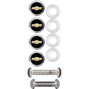 Chevrolet license plate fastener cap kit, round, four count, front out of package view