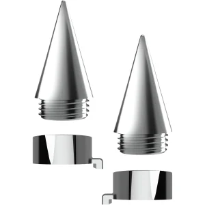 Cruiser Accessories chrome Spike license plate fastener caps, out of package view. Includes fastener caps with retainers for a secure fit.
