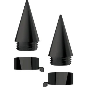 Cruiser Accessories black Spike license plate fastener caps, front out of package view. Includes fastener caps with retainers for a secure fit.